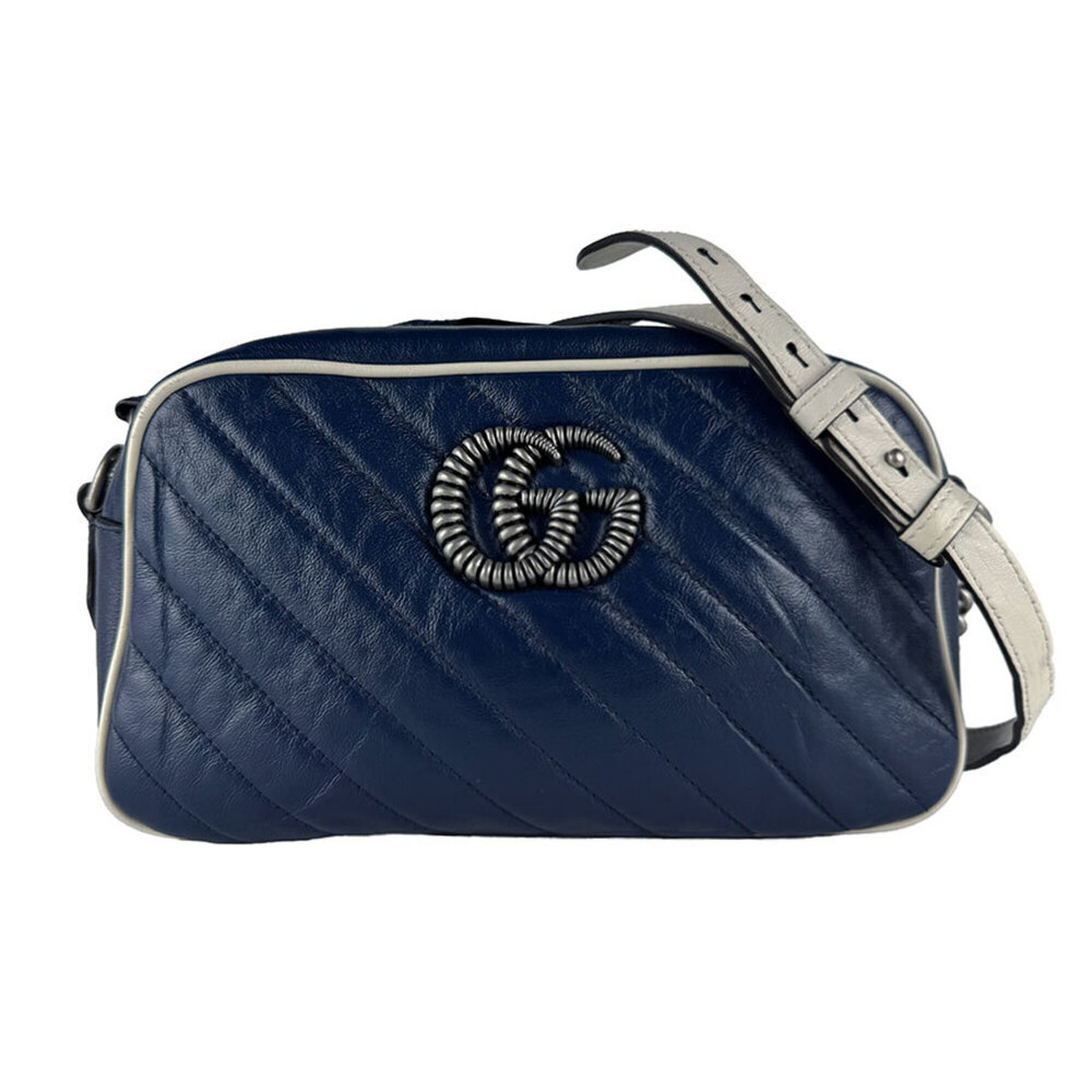 Gucci GG Marmont Crossbody Shoulder Bag, Leather, Navy, Ivory, Silver, Women'...